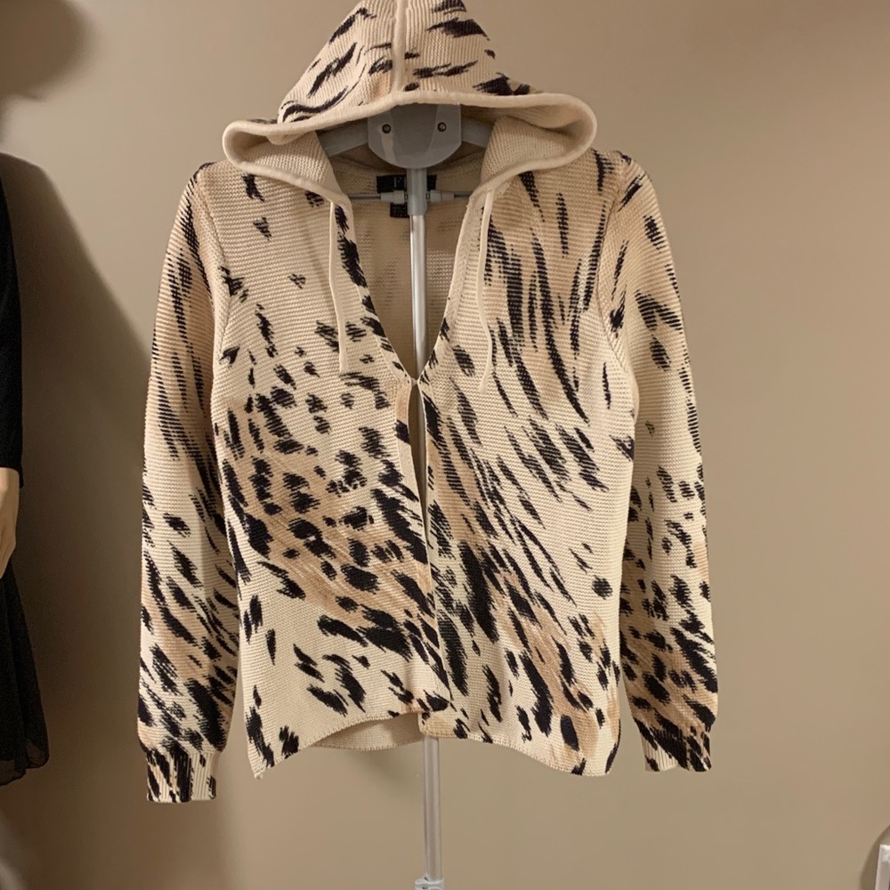 Leopard Print Women's Hooded Cardigan by FDJ, Cotton Knit, Size Small